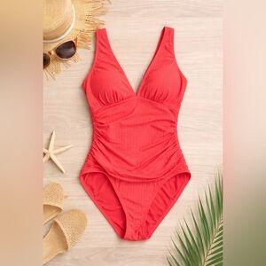 Ellen Tracy Women’s Coral V-Neck One-Piece Swimsuit | Size 8 | Ruched